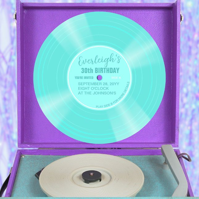 Invitation Unique Turquoise Vinyl Record Anniversaire Invitat (turquoise color vinyl record pop birthday invitation with aqua label)