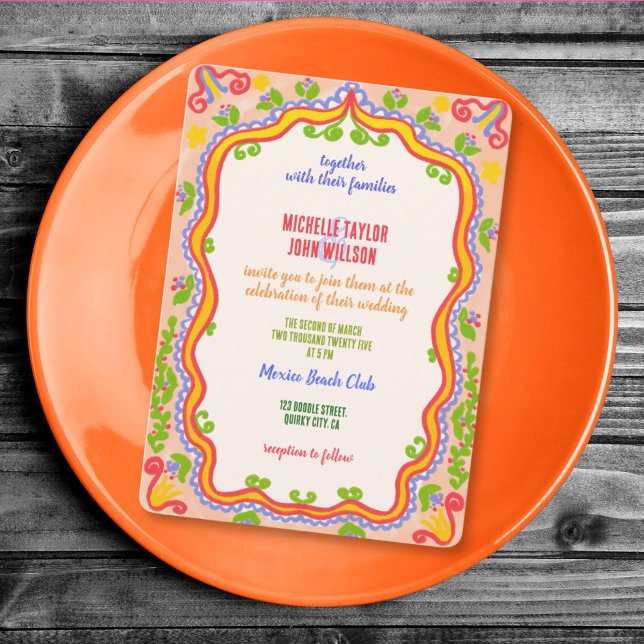 Invitation Unique Whimsical Floral Quirky Doodle Hand Drawn  (whimsical unique colorful hand drawn floral wedding invitation)