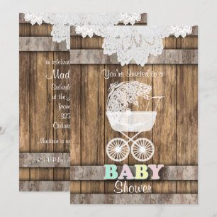 Invitation Unisex Baby 👶 douche en bois rustique et dentelle