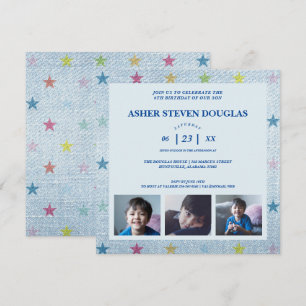 Invitation Unisex Denim Stars Trois Photos Enfants Anniversai