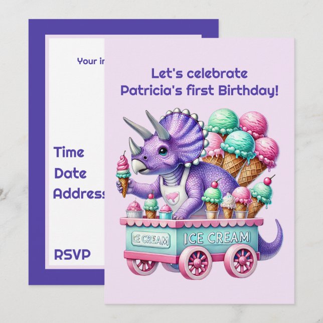 Invitation Unisex kids dinosaur ice cream party  (Devant / Derrière)