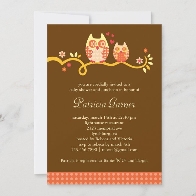 Invitation unisexe de baby shower de hibou de (Devant)