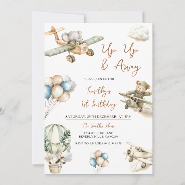 Invitation Up Up & Away Airplane Boy 1st Birthday (Devant)