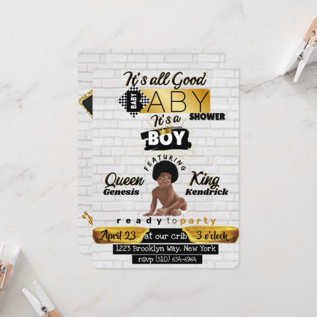Invitation Urban Afro Baby Boy| Baby shower rétro Hip hop (Devant/Arrière en situation)