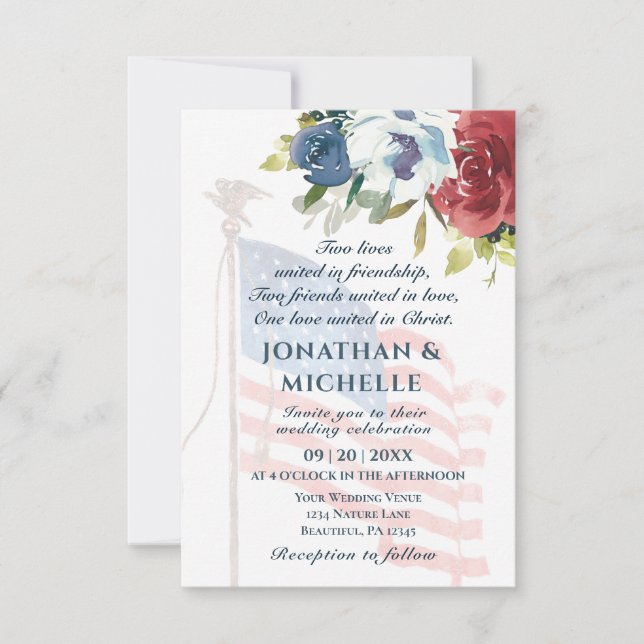 Invitation USA Drapeau Patriotique Floral Mariage chrétien (Devant)