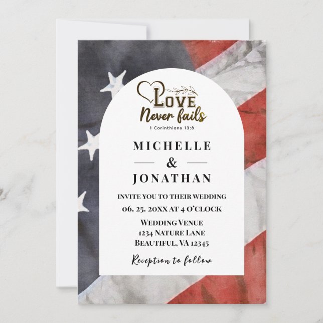 Invitation USA Flag Love Never Fails Bible Patriotic Mariage (Devant)