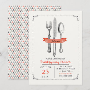 Invitation Ustensiles de diner de Thanksgiving pêche gris