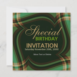 Invitation v2. Carton d'invitation Tartan Square Vert doré
