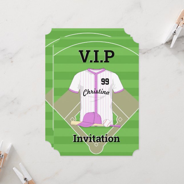 Invitation V.I.P Baseball Anniversaire rose (Devant/Arrière en situation)