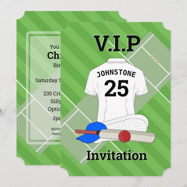Invitation V.I.P Cricket fête d'anniversaire (Devant / Derrière)