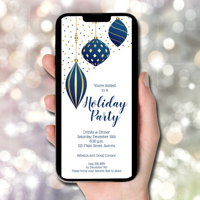 Invitation Vacances de Noël en or bleu (Blue Gold Christmas Ornaments Holiday Invitations - INSTANT DOWNLOAD and/or PRINTED)