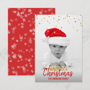 Invitation Vacances de Noël Rouge Or Personnalisé   PHOTO