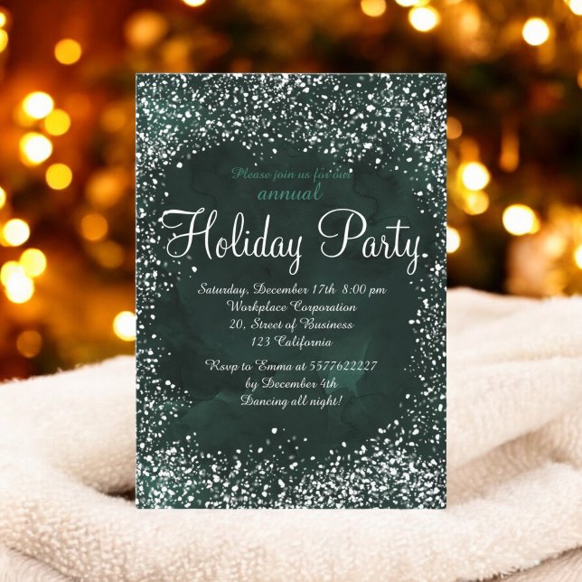 Invitation Vacances d'entreprise dans la neige verte (Green forest snow watercolor corporate holiday invitation)
