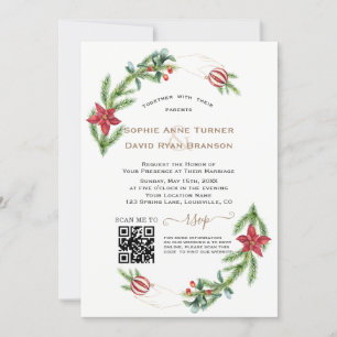 Invitation Vacances d'hiver QR moderne Wreath Gold Mariage