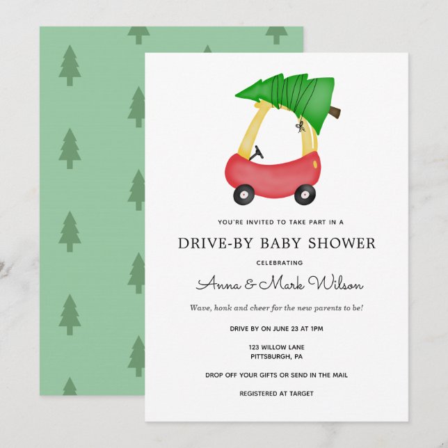 Invitation Vacances d'hiver Red Car Drive par Baby shower (Devant / Derrière)