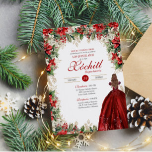 Invitation Vacances d'hiver Rouge Floral Elégante Quinceanera
