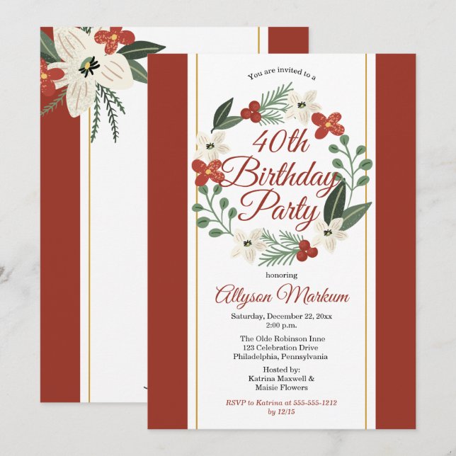 Invitation Vacances Floral Wreath 40e fête d'anniversaire (Devant / Derrière)