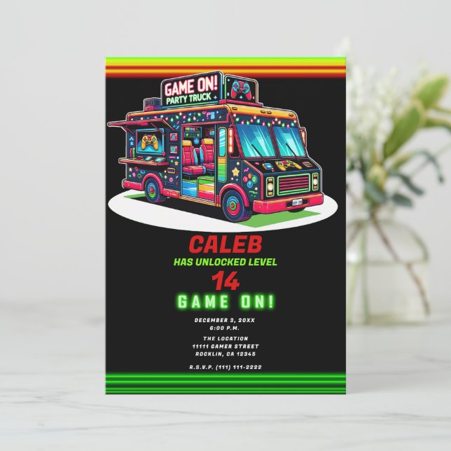 Invitation Vacances Jeu Jeu Bus Truck Anniversaire Fête (Debout devant)