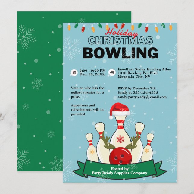 Invitation Vacances Noël Bowl LT Blue Green Snow Party (Devant / Derrière)
