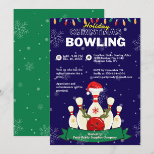 Invitation Vacances Noël Bowling Blue & Green Snow Party