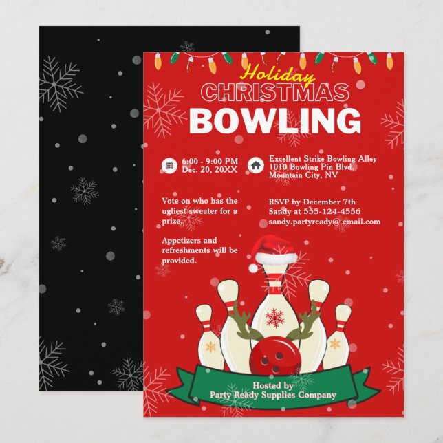 Invitation Vacances Noël Bowling Red & Black Snow Party (Devant / Derrière)