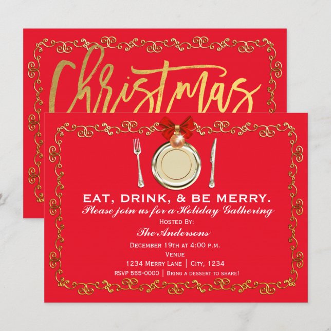 Invitation Vacances Noël Dîner Fête Dîner Dîner Boire Soyez J (Devant / Derrière)