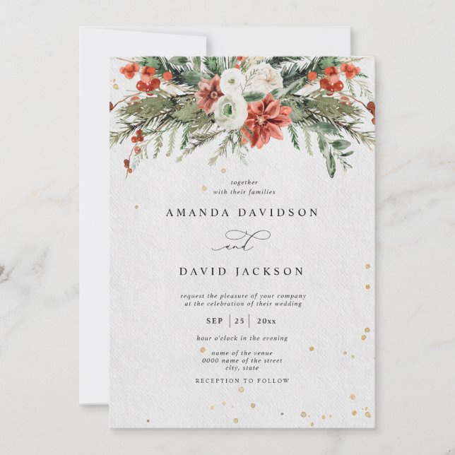 Invitation Vacances Rustic Pine Greenering & Red Berries Mari (Devant)