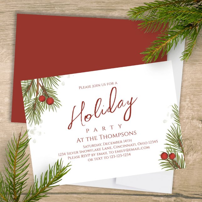 Invitation Vacances Simple Calligraphie Script Verdure Berrie (Elegant silver and pine branches greenery holiday Christmas party invitation. )