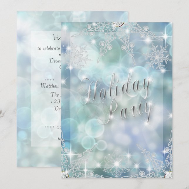 Invitation Vacances Sparky Glitzy Snowflake Ice Blue Bokeh (Devant / Derrière)