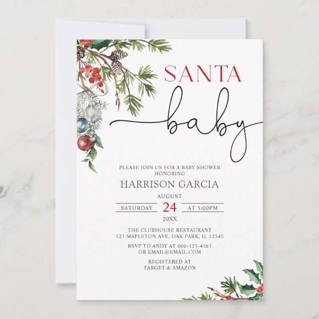Invitation Vacances Wreath Père Noël Baby Winter Baby shower (Devant)