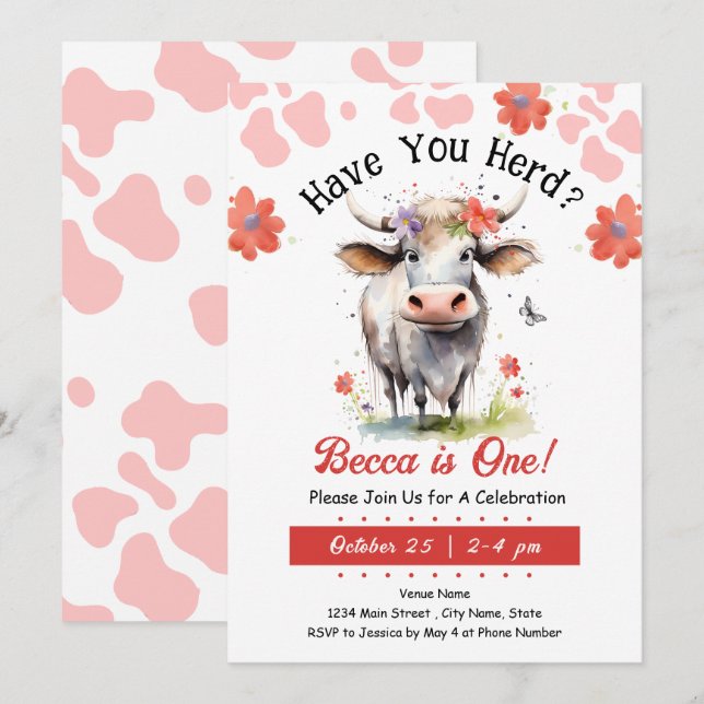 Invitation Vache Ai-Tu Trouvé 1ère Fille d'anniversaire (Devant / Derrière)