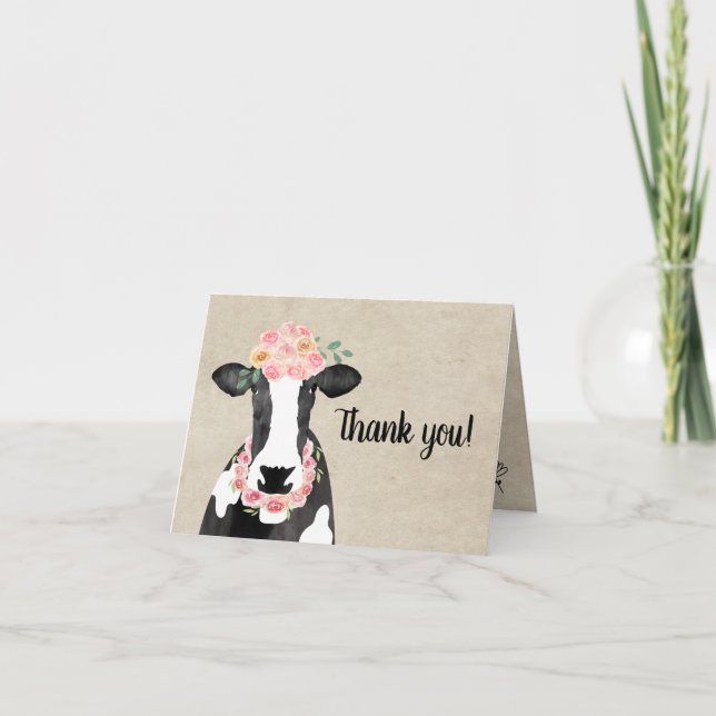 Invitation Vache avec Merci d'aquarelle de la Couronne Floral (Devant)