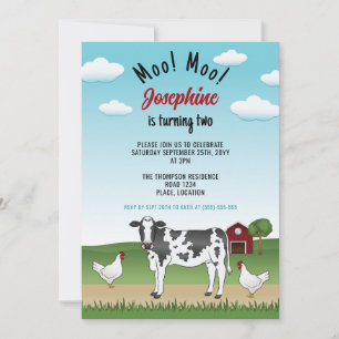 Invitation Vache blanche et noire et poulets Ferme Basse-cour