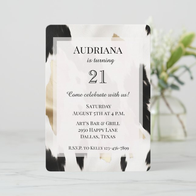 Invitation Vache blanche noire en or du sud-ouest Anniversair (Debout devant)