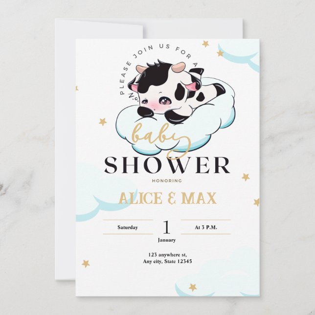 Invitation Vache blanche noire rose couchée Baby shower nuage (Devant)
