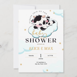 Invitation Vache blanche noire rose couchée Baby shower nuage