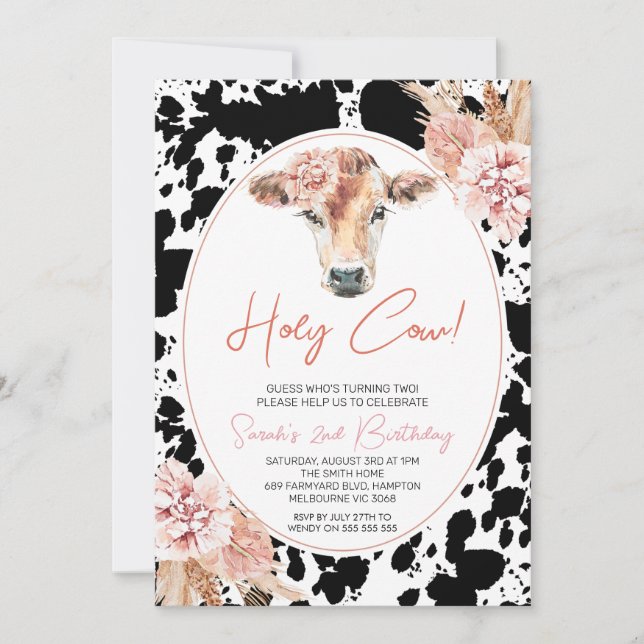 Invitation Vache blanche noire rose florale Imprimer Annivers (Devant)