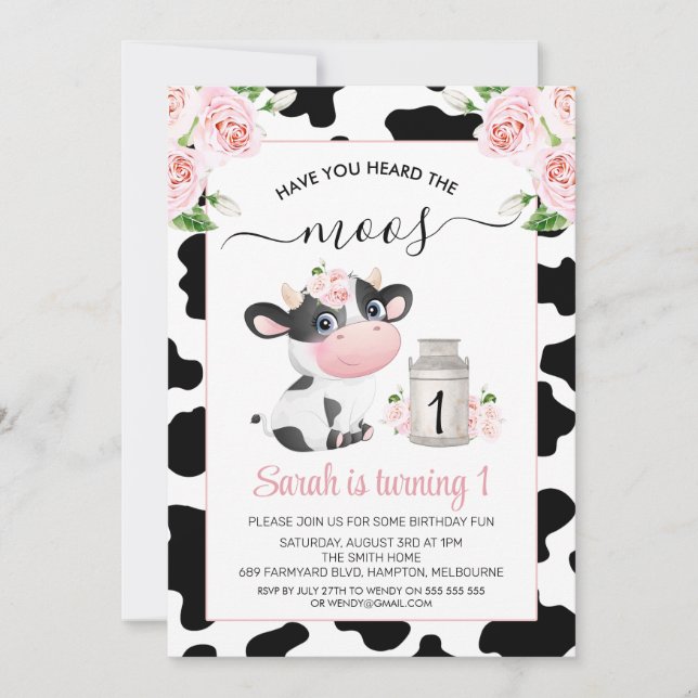 Invitation Vache blanche noire rose florale Imprimer Annivers (Devant)