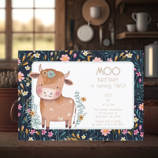 Invitation Vache Boho Floral Deuxième anniversaire (Créateur téléchargé)