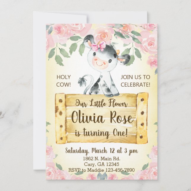 Invitation Vache et rose fille 1er premier anniversaire Invit (Devant)
