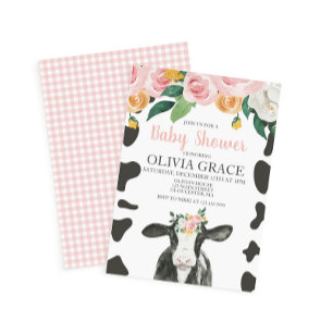 Invitation Vache Fleurs Roses et Gingham Baby Shower