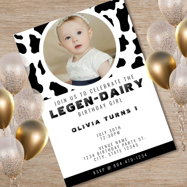 Invitation Vache Imprimer Photo 1er anniversaire (Cow Print Photo 1st Birthday Invitation)