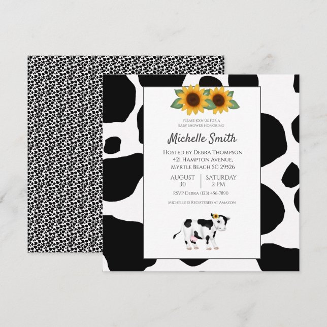 Invitation Vache mignonne Imprimer Tournesol Bébé Douche Invi (Devant / Derrière)