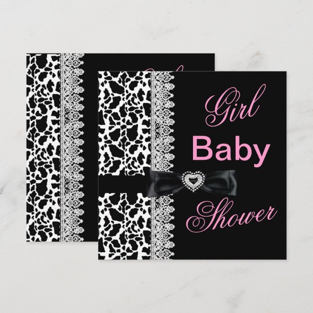 Invitation Vache noir blanc rose fille Baby shower dentelle (Devant / Derrière)