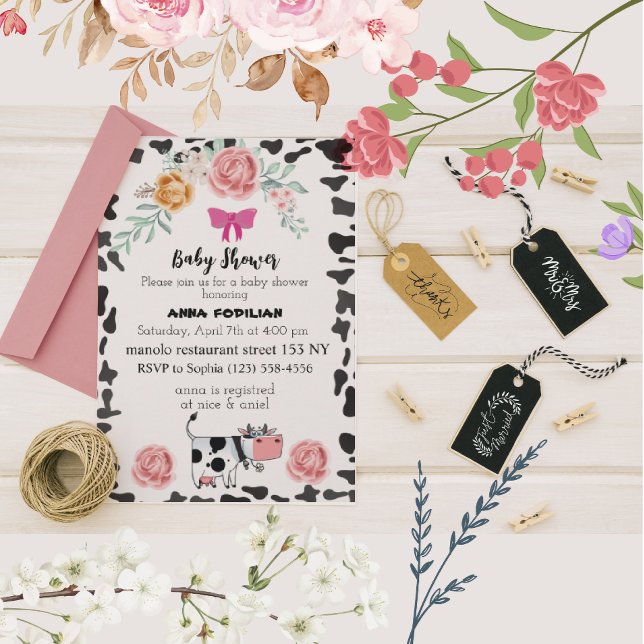 Invitation Vache noire blanche rose pour baby shower Invitati (Créateur téléchargé)