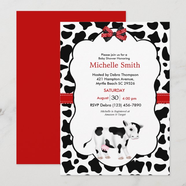 Invitation Vache noire rouge neutre Imprimer Baby shower Invi (Devant / Derrière)