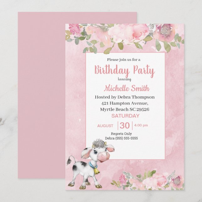 Invitation Vache rose et blanc mignonne Floral Anniversaire F (Devant / Derrière)