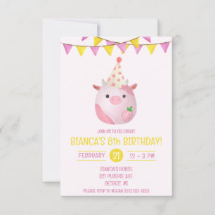 Invitation Vache rose et jaune farci, fête d'anniversaire pel