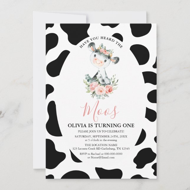 Invitation Vache Rose Floral Avez-Vous Entendu Moos Anniversa (Devant)