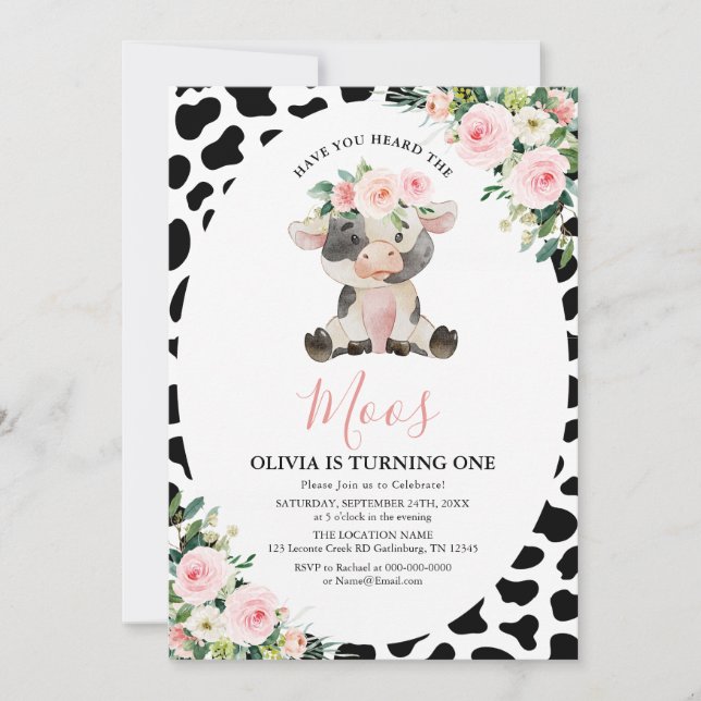 Invitation Vache Rose Floral Avez-Vous Entendu Moos Anniversa (Devant)